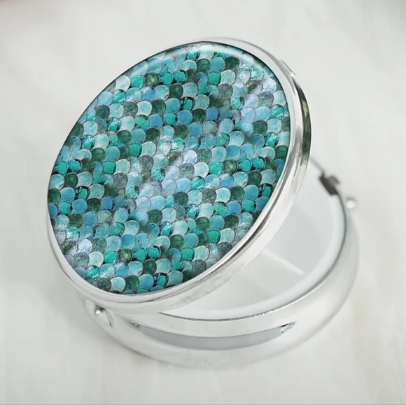 Pastel Mermaid 3-Compartment Round Pill Organizer - Decorative Pocket Purse Pill - Picture 2 of 5